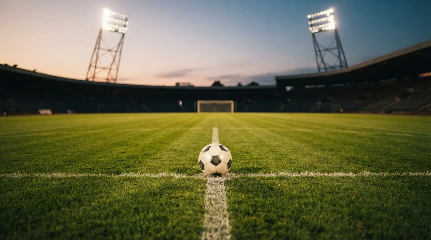Ein Fußball liegt auf dem Anstoßpunkt eines Rasenplatzes in der Abenddämmerung, Flutlichtmasten stehen unscharf im Hintergrund.