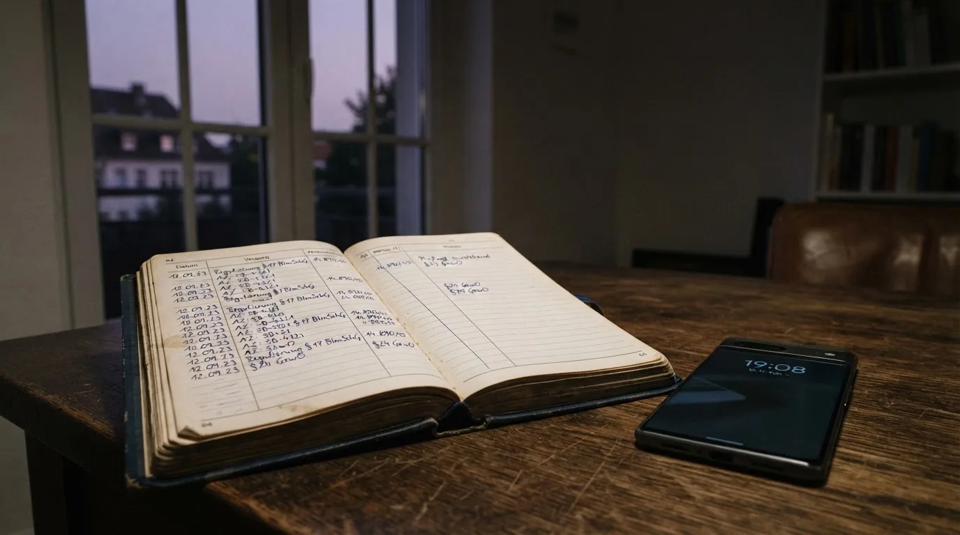 Ein Notizbuch mit handschriftlichen Zahlen liegt neben einem Smartphone mit dunklem Display auf einem Tisch, im Fenster Dämmerlicht.