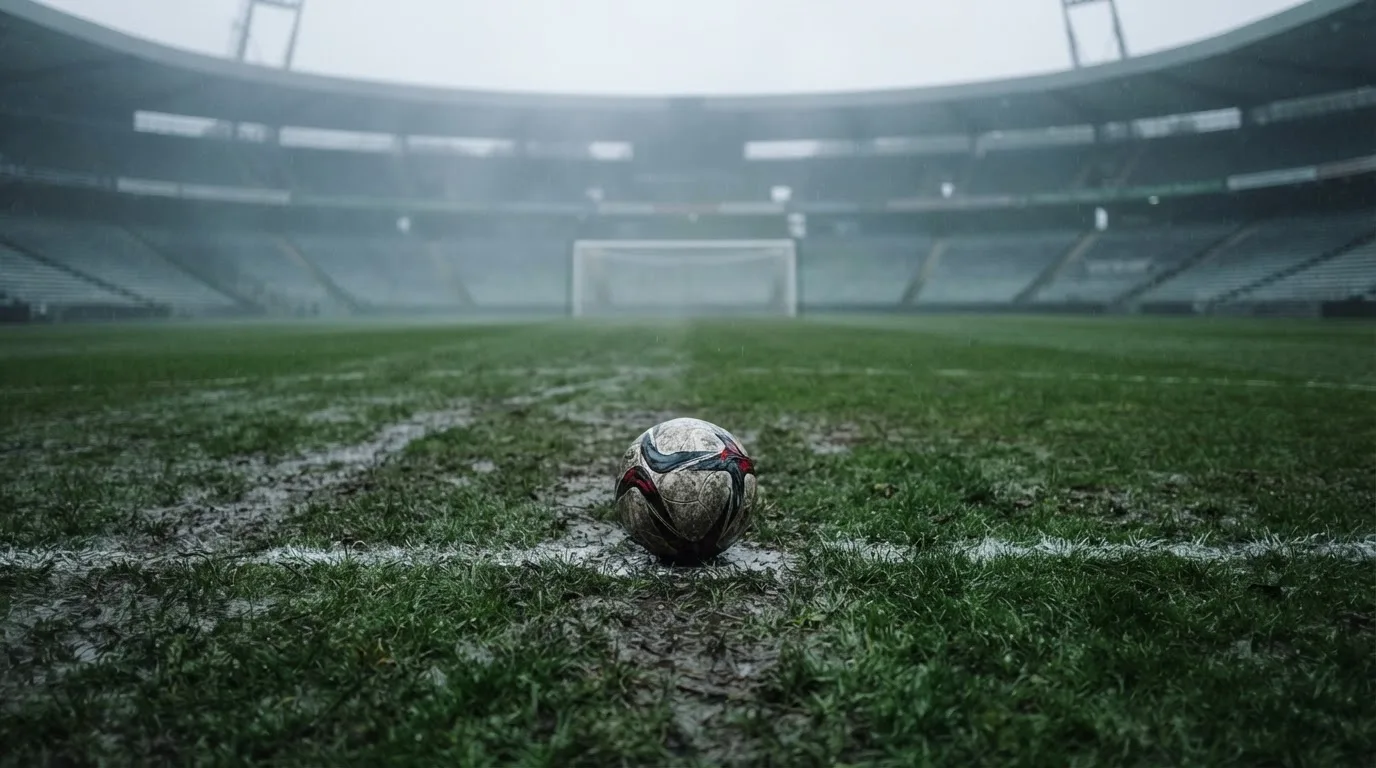 Ein Fußball liegt auf dem Elfmeterpunkt eines nassen Rasenplatzes, im Hintergrund ein leeres Tor im Nebel.