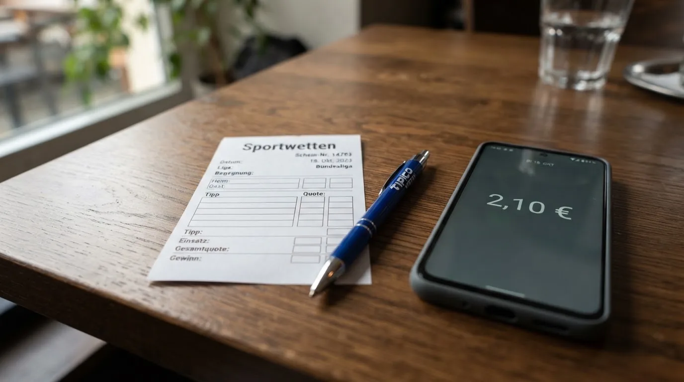 Ein leerer Papier-Wettschein und ein Kugelschreiber liegen auf einem Holztisch neben einem schwarzen Smartphone.