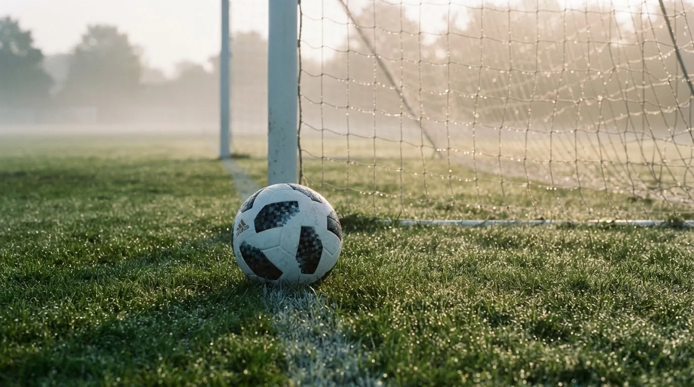 Ein Fußball liegt auf dem Rasen vor einem Tor im Morgennebel, die Netzmaschen sind taufeucht.