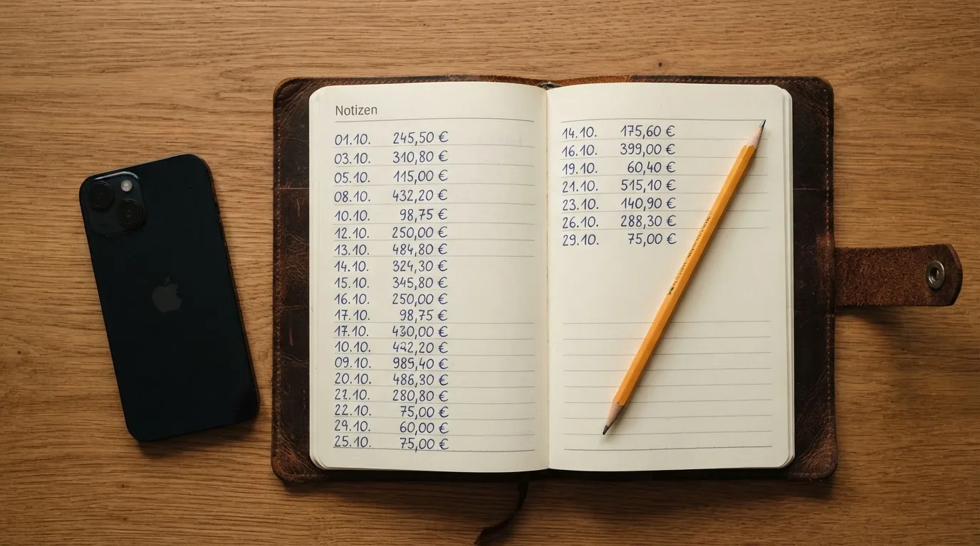 Ein Notizbuch mit handschriftlichen Zahlenreihen liegt neben einem Bleistift und einem Smartphone mit dunklem Display auf einem Tisch.
