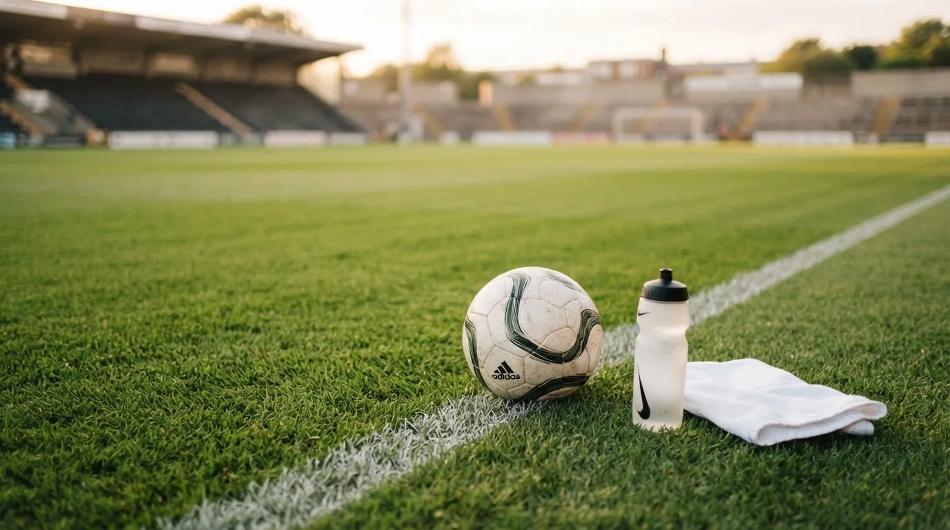 Ein Fußball auf einer Wiese neben der Seitenlinie, daneben eine Trinkflasche ohne Aufdruck und ein Handtuch.