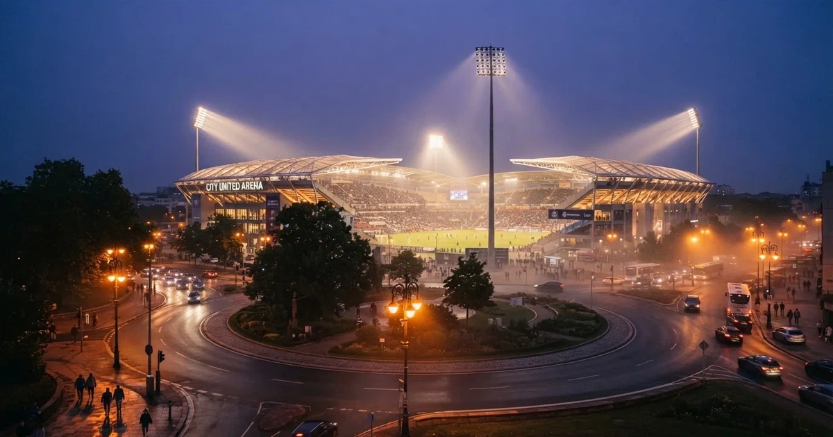 Ein Fußballstadion in der Dämmerung aus der Ferne, die Flutlichter gerade eingeschaltet, davor ein Kreisverkehr mit Laternen.