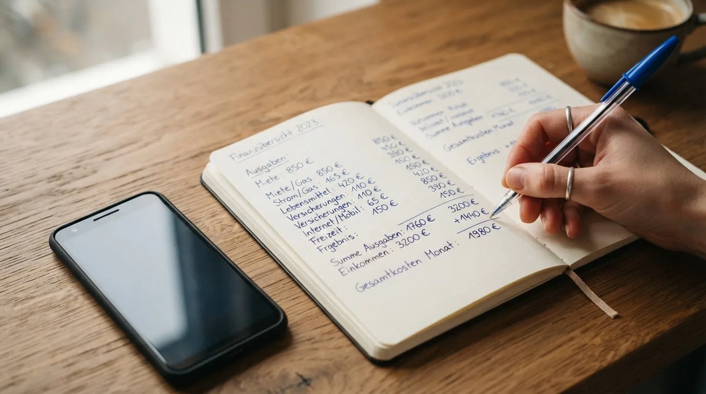 Ein Notizbuch mit handschriftlichen Notizen und ein Taschenrechner liegen auf einem Schreibtisch neben einem Smartphone mit dunklem Display.