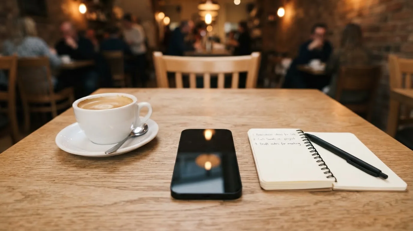 Ein Smartphone liegt mit schwarzem Display neben einer Kaffeetasse und einem Notizblock auf einem Café-Tisch.