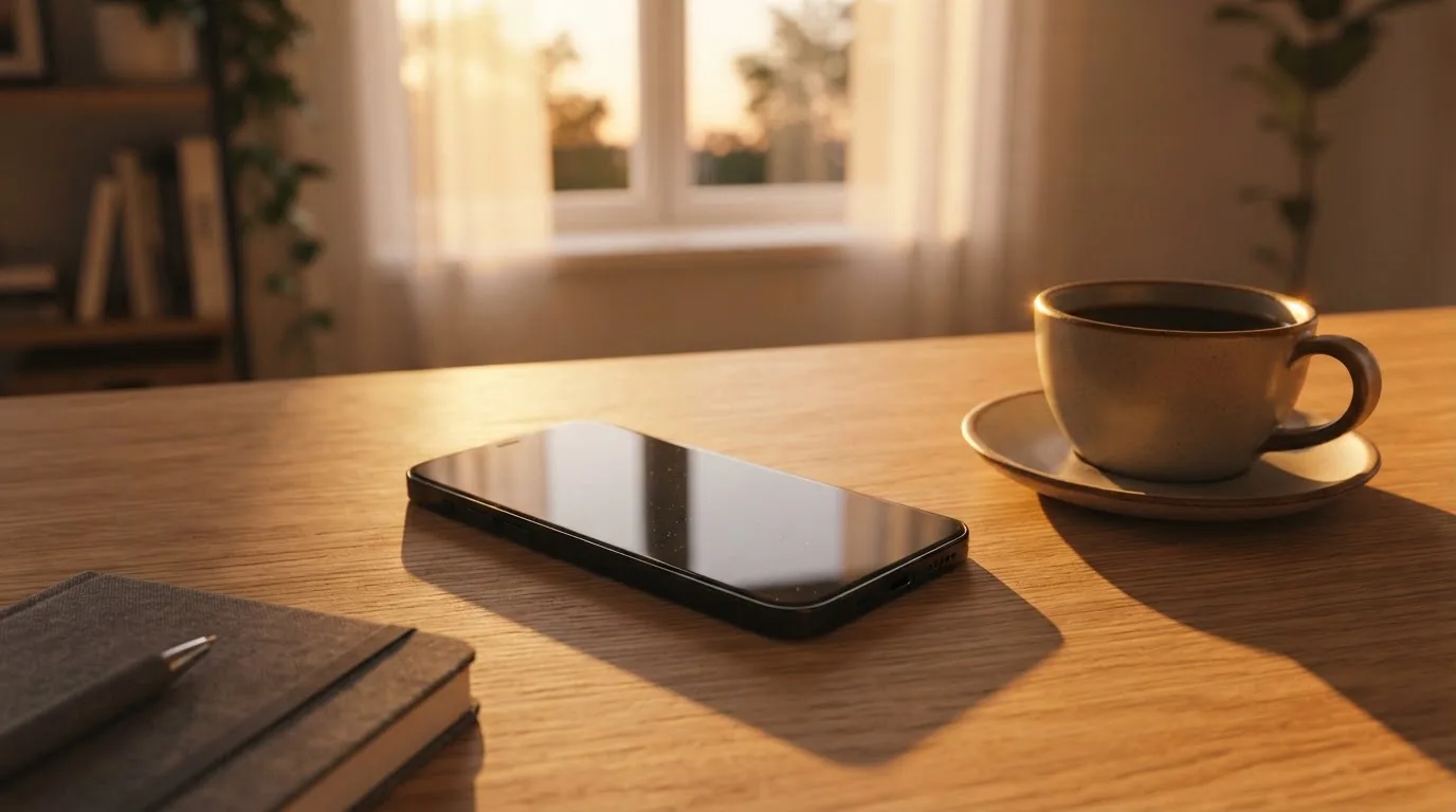 Ein Smartphone mit dunklem Display liegt neben einer Kaffeetasse auf einem Schreibtisch, durch das Fenster fällt Abendlicht.