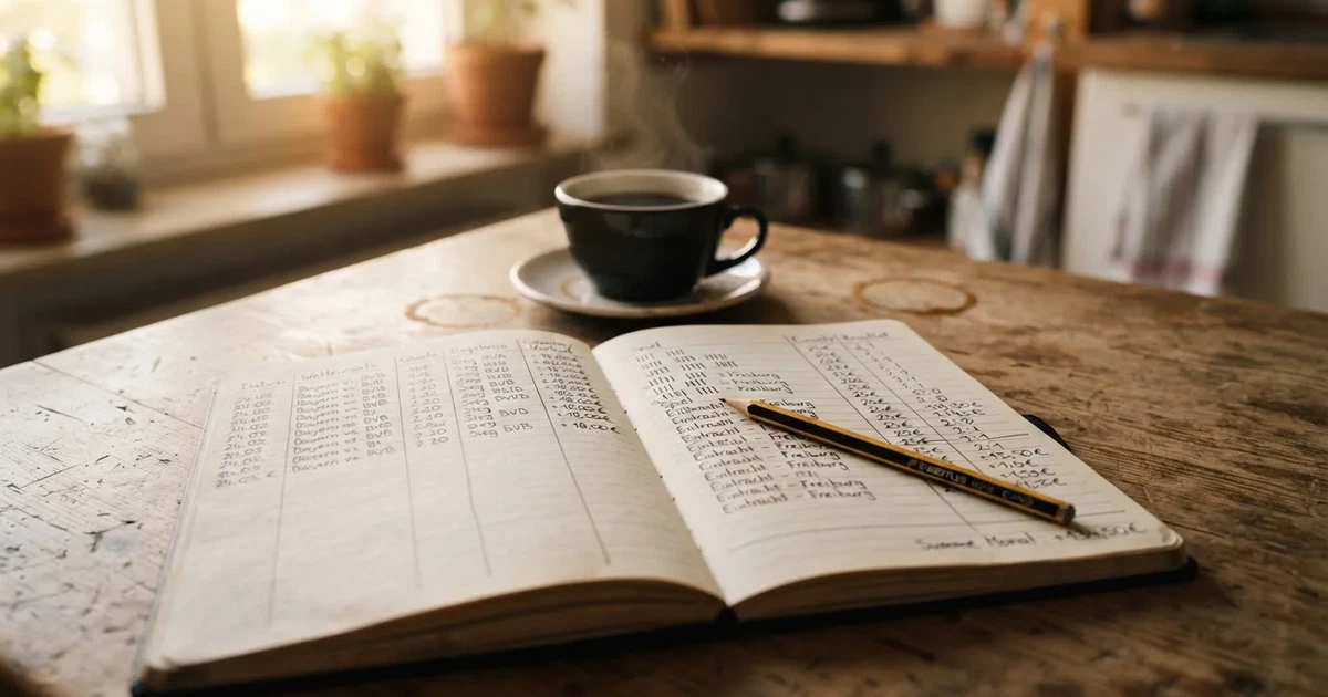 Ein aufgeschlagenes Notizbuch mit handgezeichneten Spalten und Strichen liegt neben einem Bleistift und einer Kaffeetasse auf einem Tisch am Morgen.