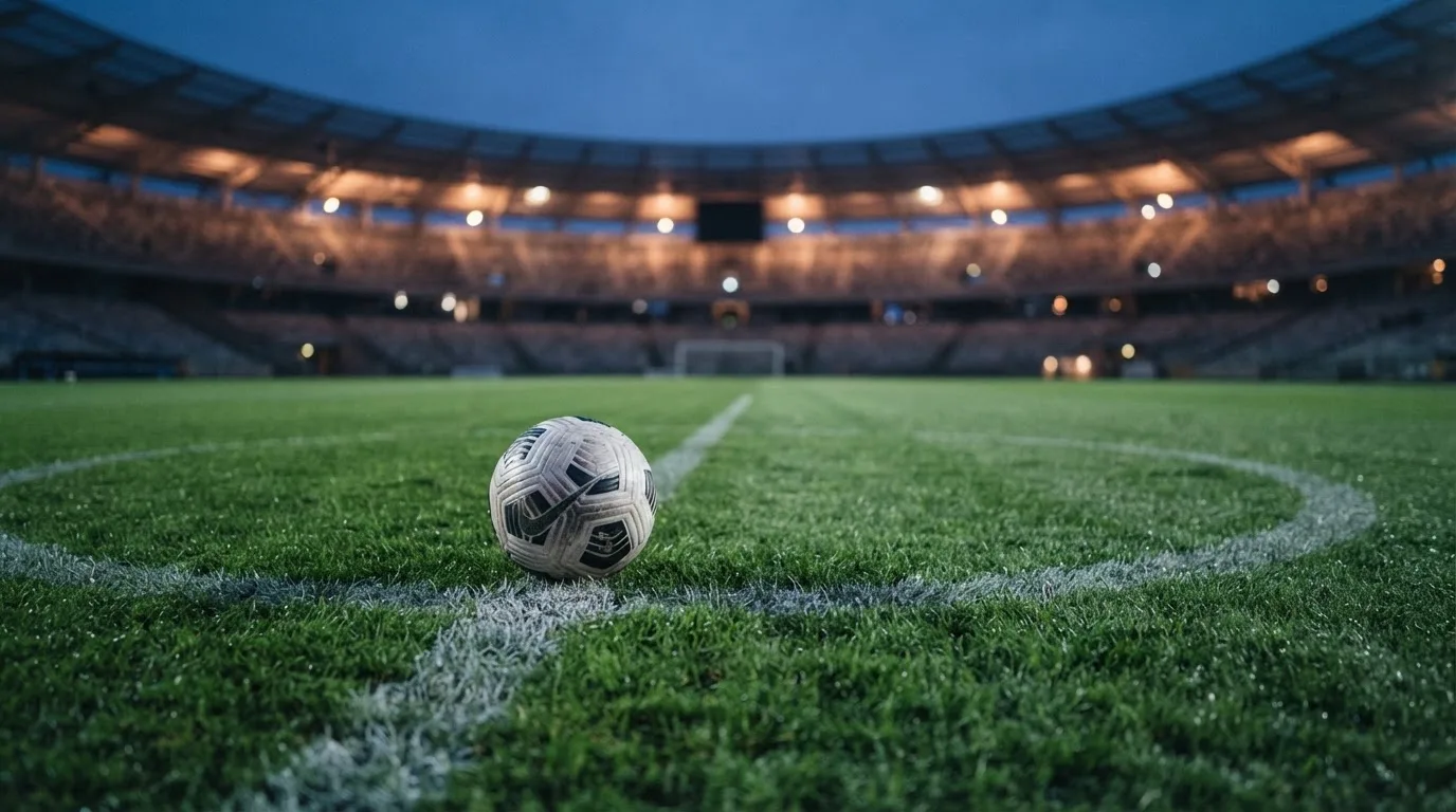 Ein Fußball liegt auf einem Rasenplatz in der Dämmerung, im Hintergrund ein ferner Stadionrand unter Flutlicht.