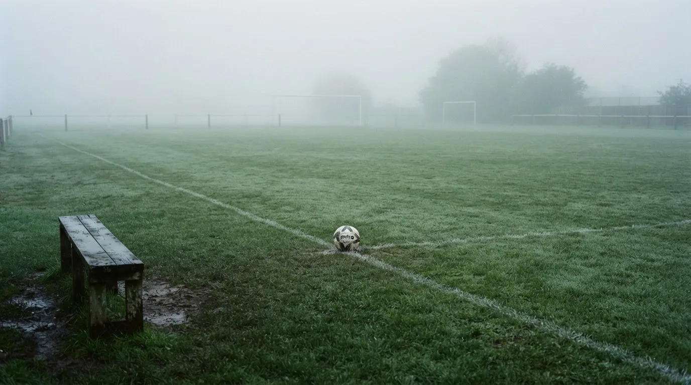 Ein Fußball liegt in der Mitte eines leeren Rasenplatzes im Morgennebel, am Rand steht eine einzelne Auswechselbank.