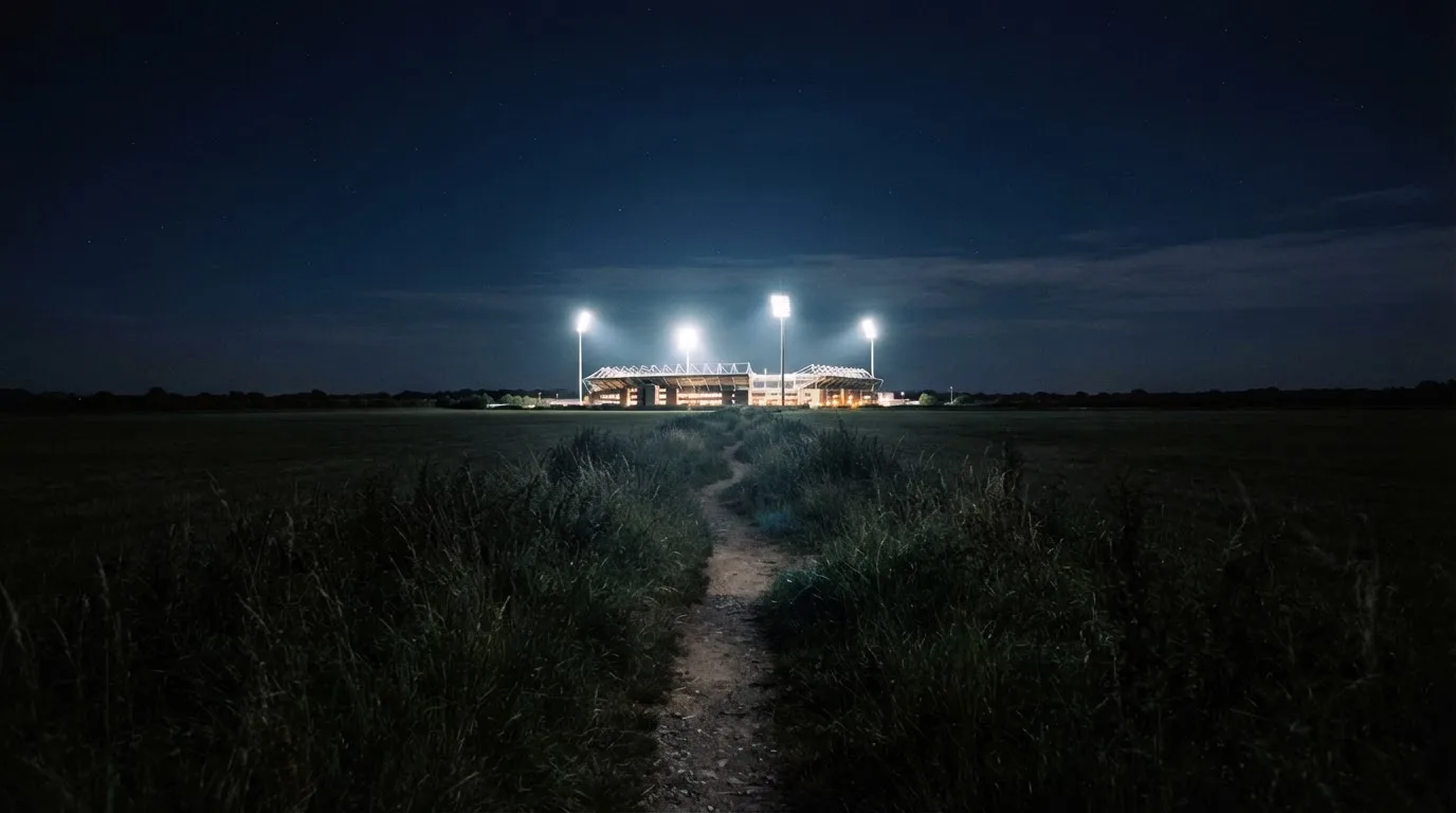 Ein Stadion unter Flutlicht von weitem gesehen, davor ein Feld und ein Feldweg im Dunkeln.